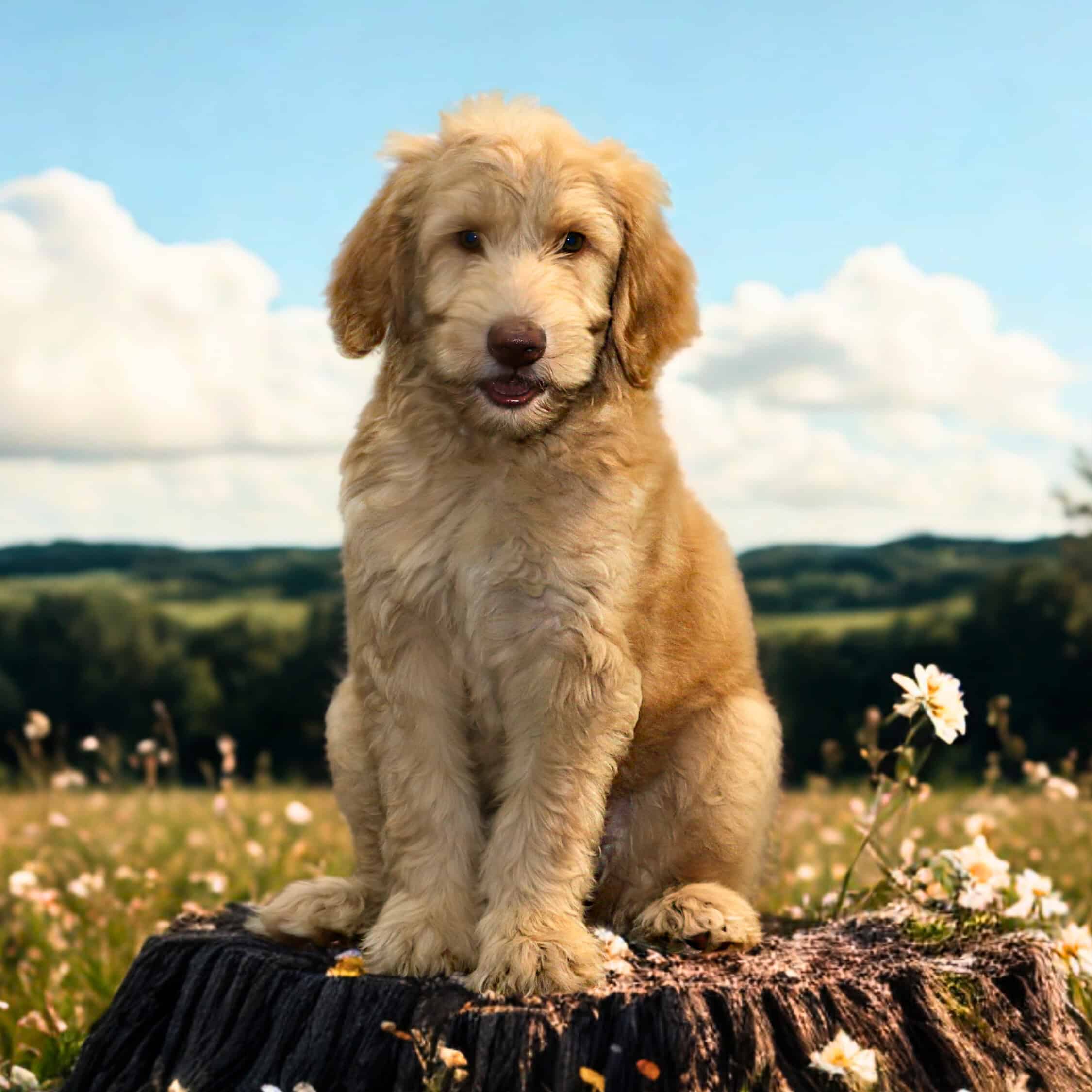 Archie Caramel puppy sitting on a tree stump
